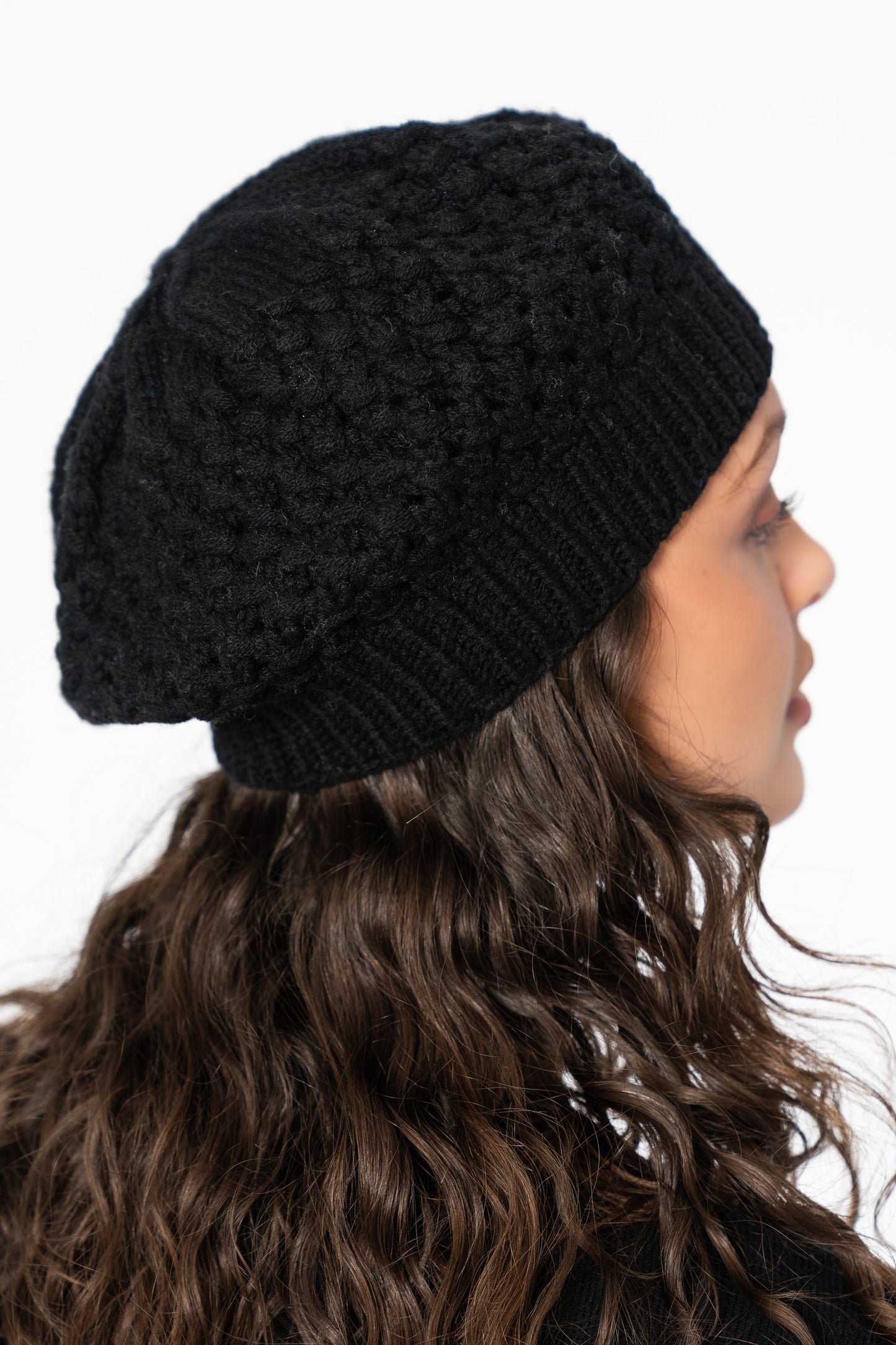 CASHMERE/MERINO Handknit Lace Beret - Black