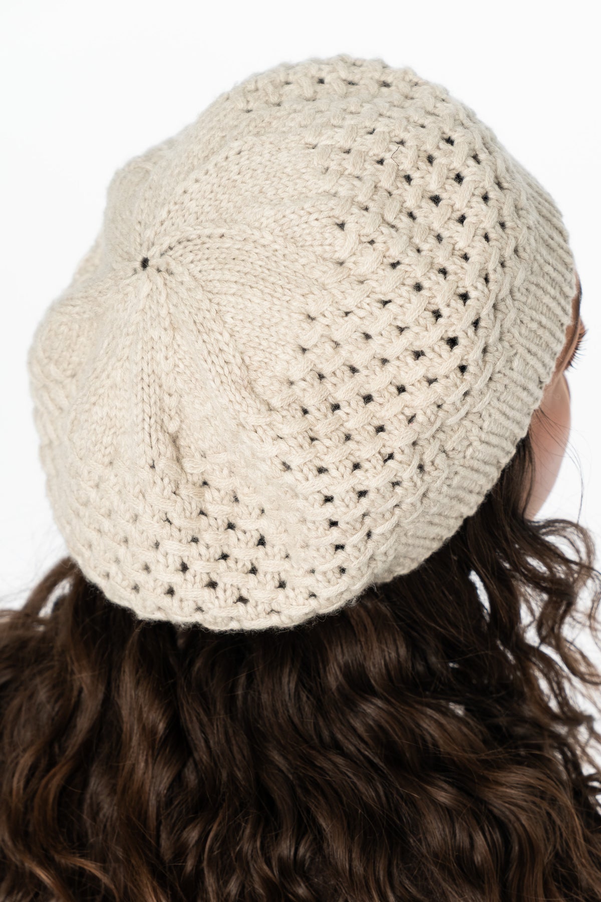 CASHMERE/MERINO Handknit Lace Beret - Linen White