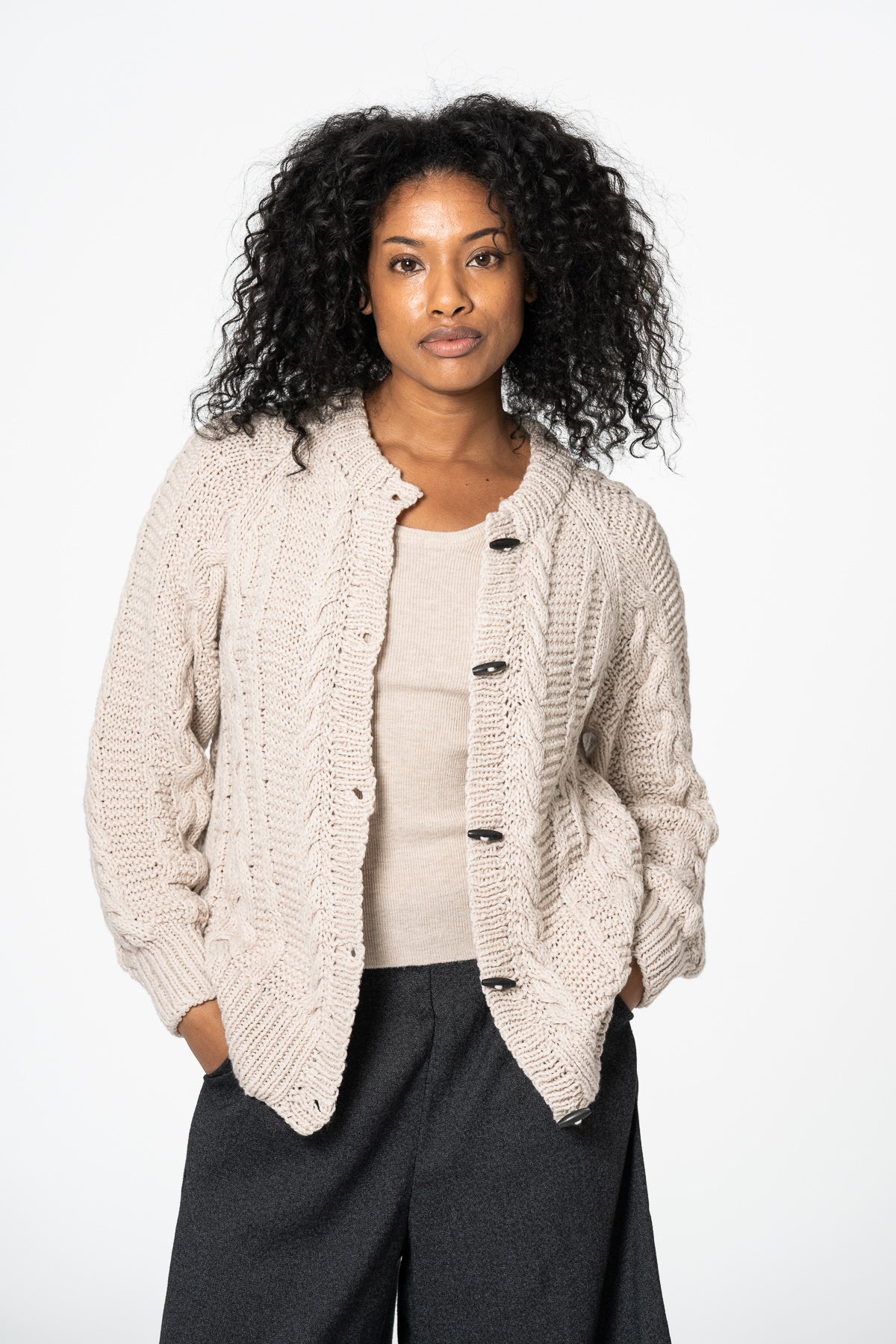 MERINO Handknit Cable Cardigan - Almond White
