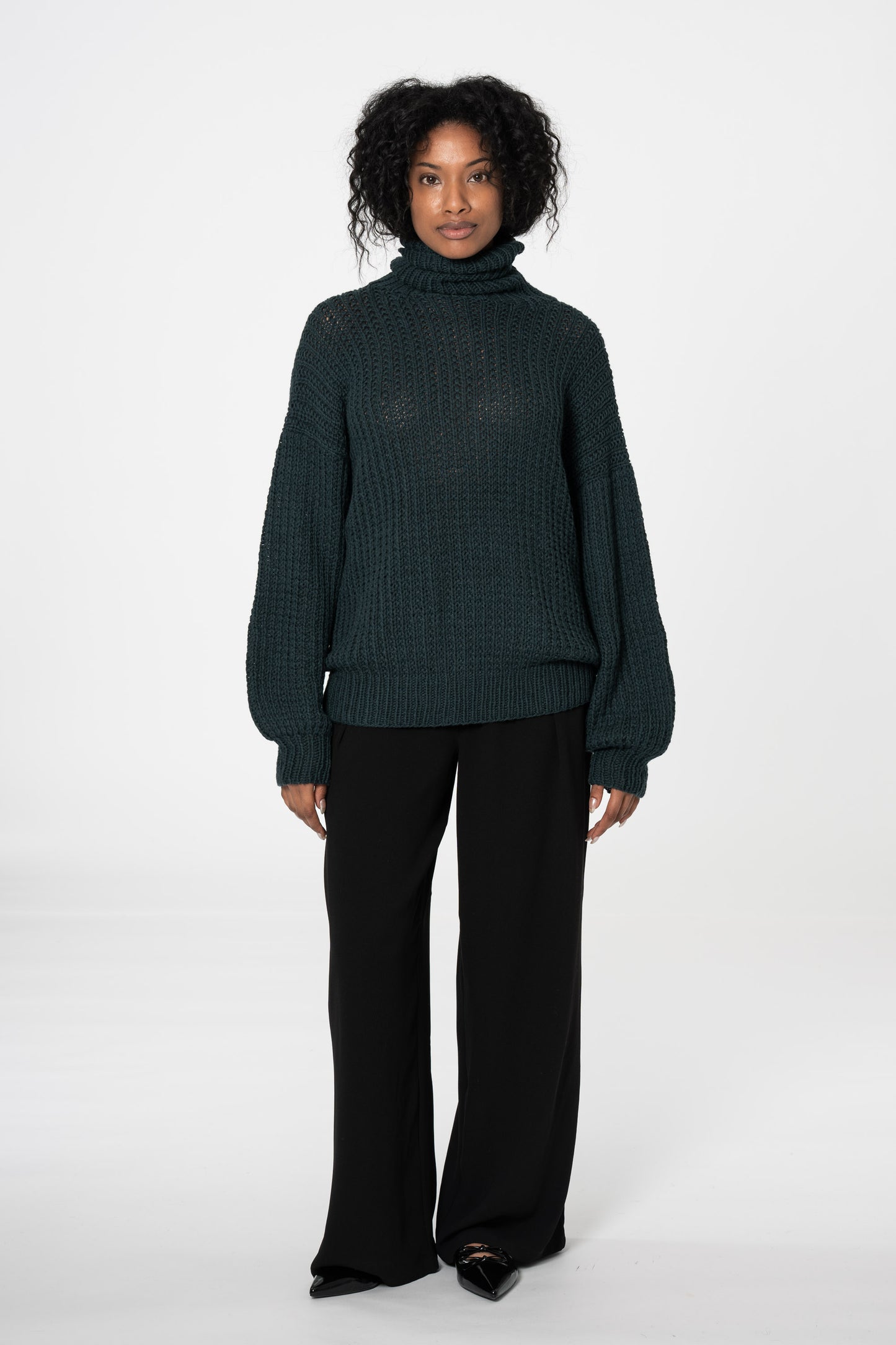 MERINO Handknit Rib Turtleneck - Peacock Green