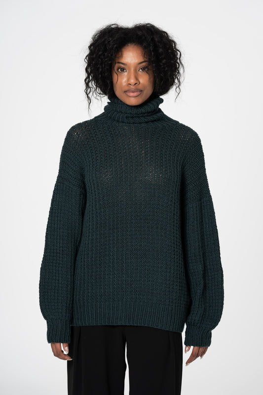 MERINO Handknit Rib Turtleneck - Peacock Green