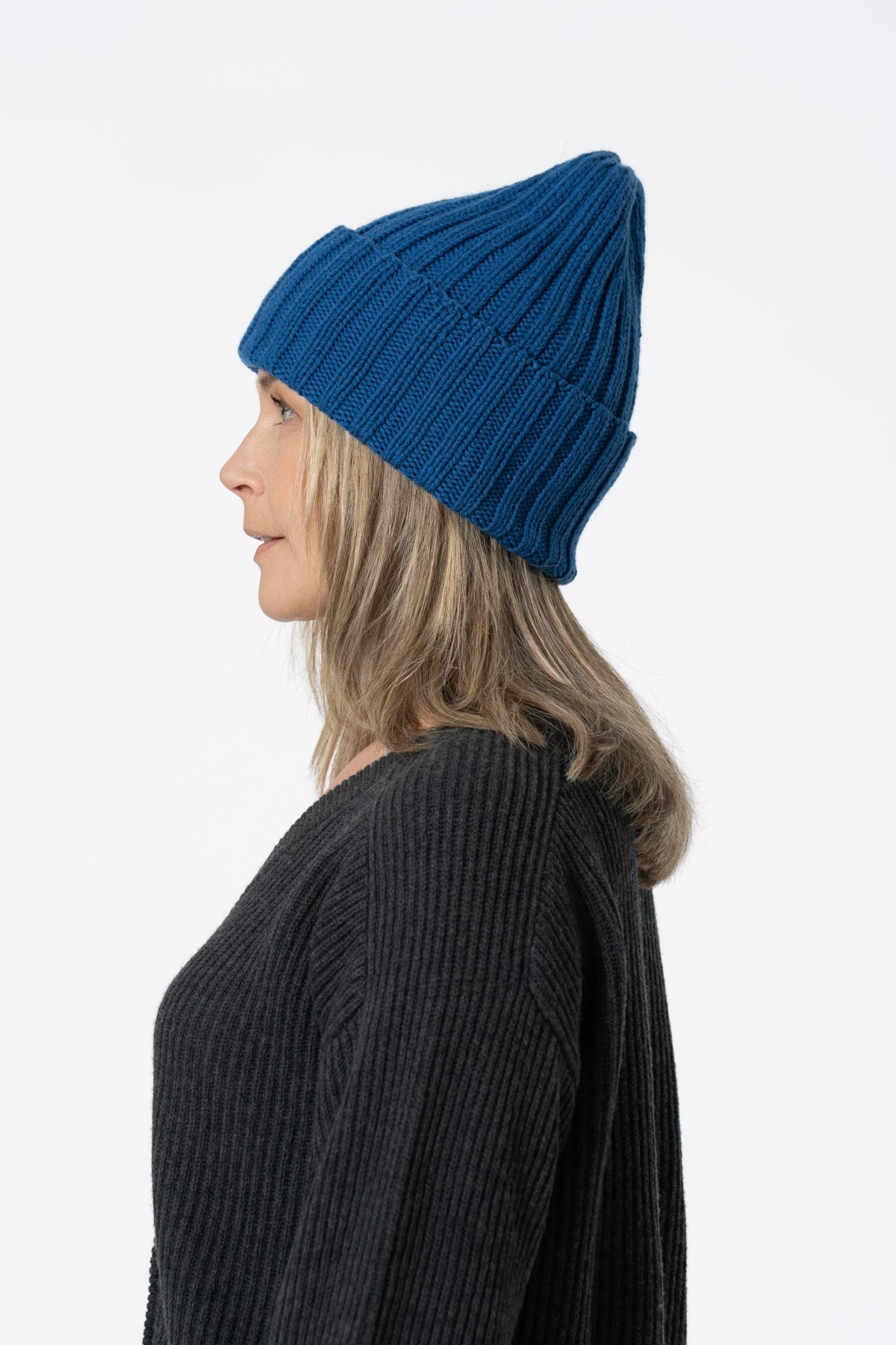 MERINO Handknit Thick Rib Hat - Ocean Blue