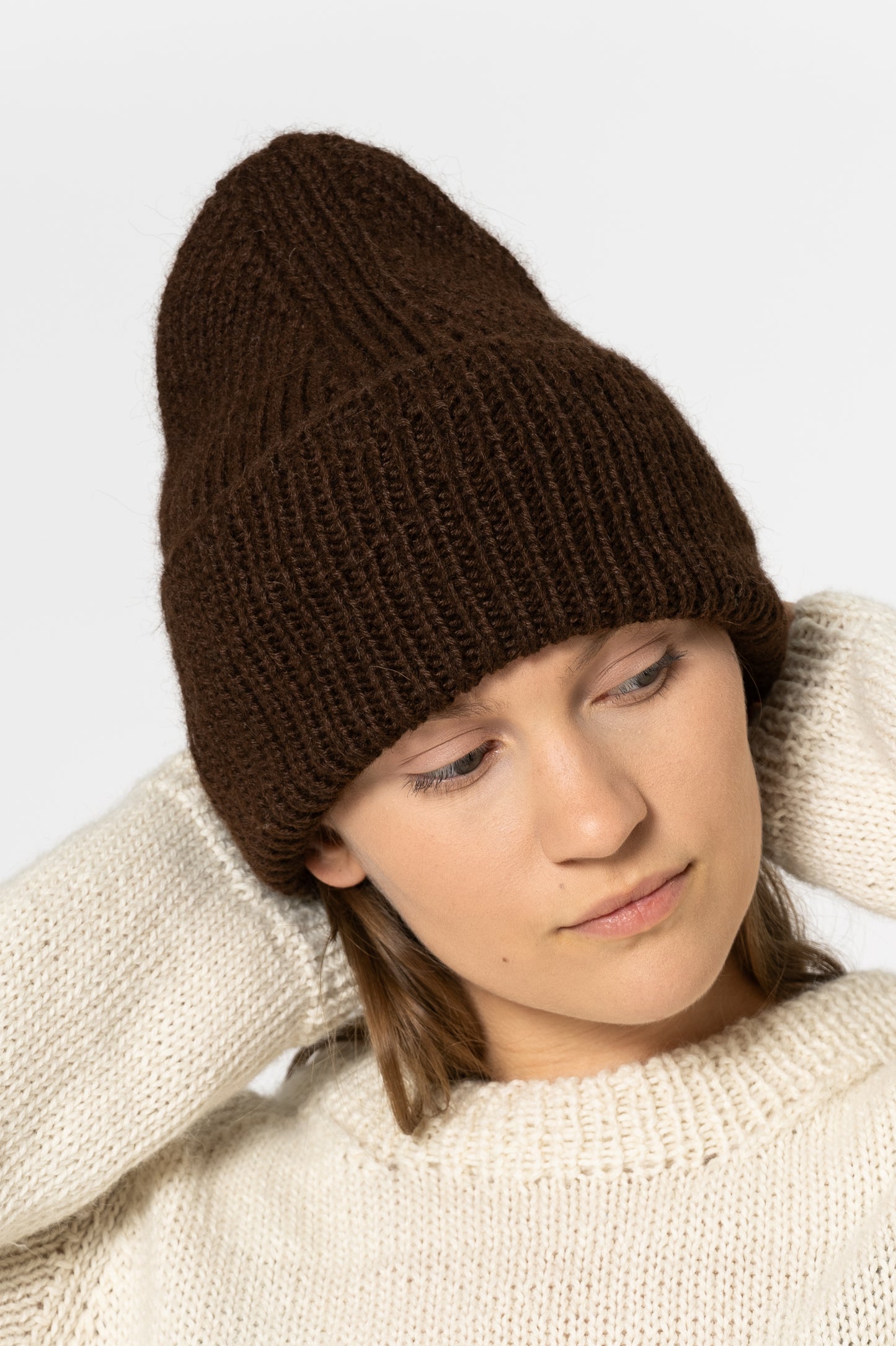 ALPACA Handknit Rib Hat - Coffee Brown