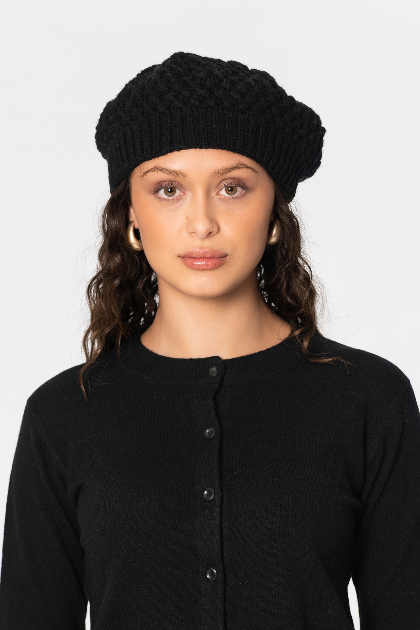 CASHMERE/MERINO Handknit Lace Beret - Black