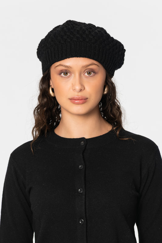 CASHMERE/MERINO Handknit Lace Beret - Black