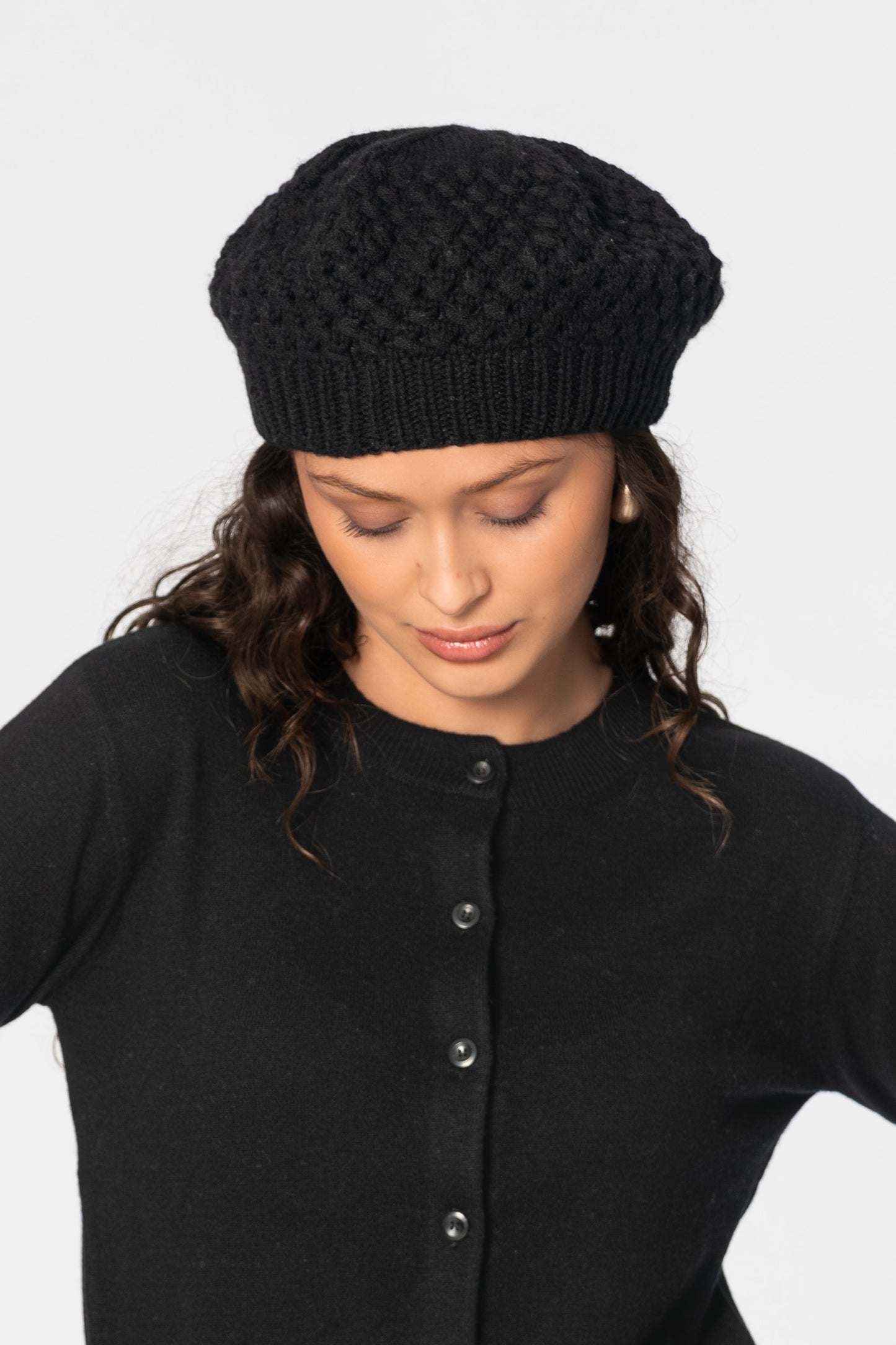 CASHMERE/MERINO Handknit Lace Beret - Black