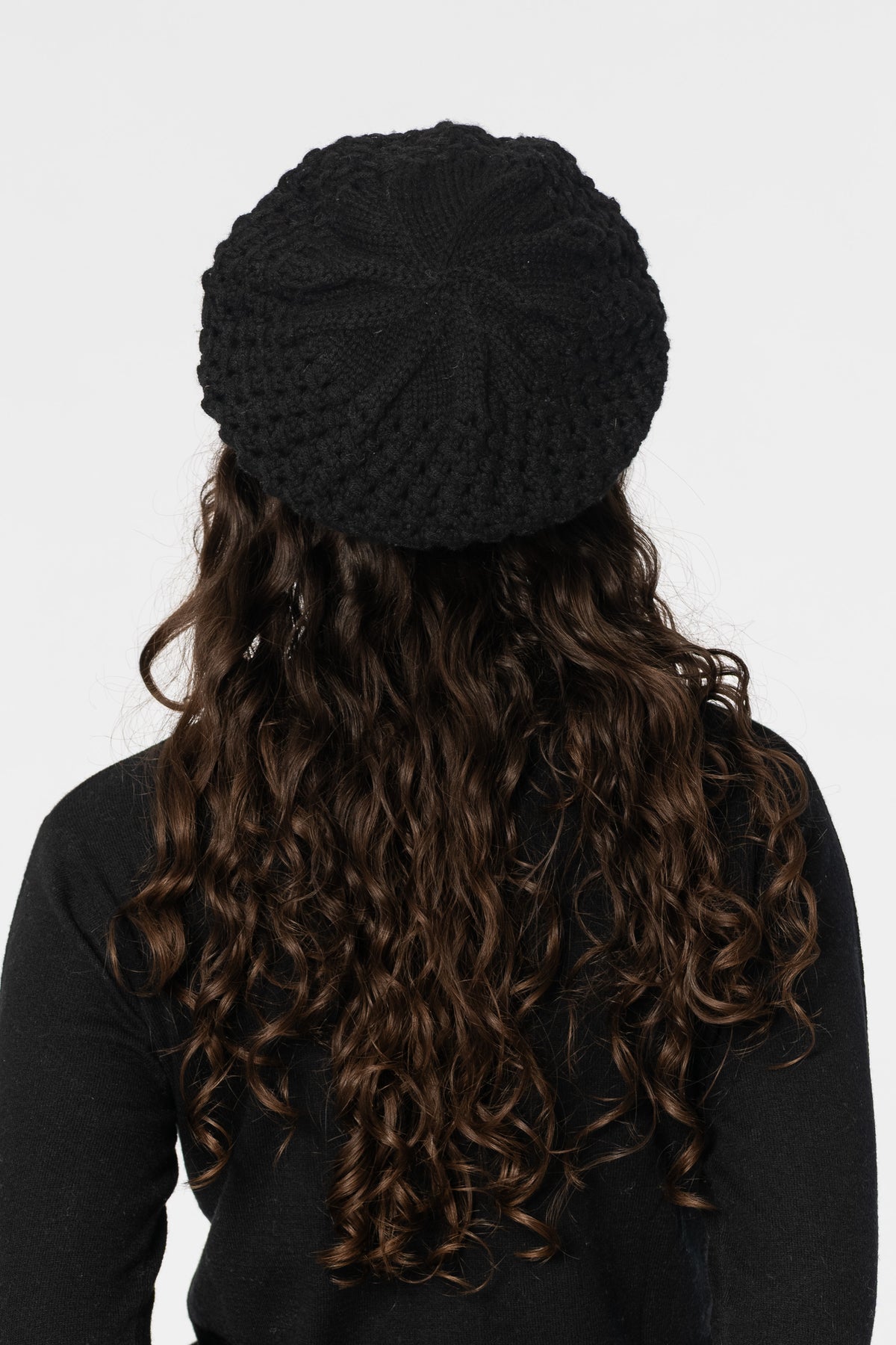 CASHMERE/MERINO Handknit Lace Beret - Black