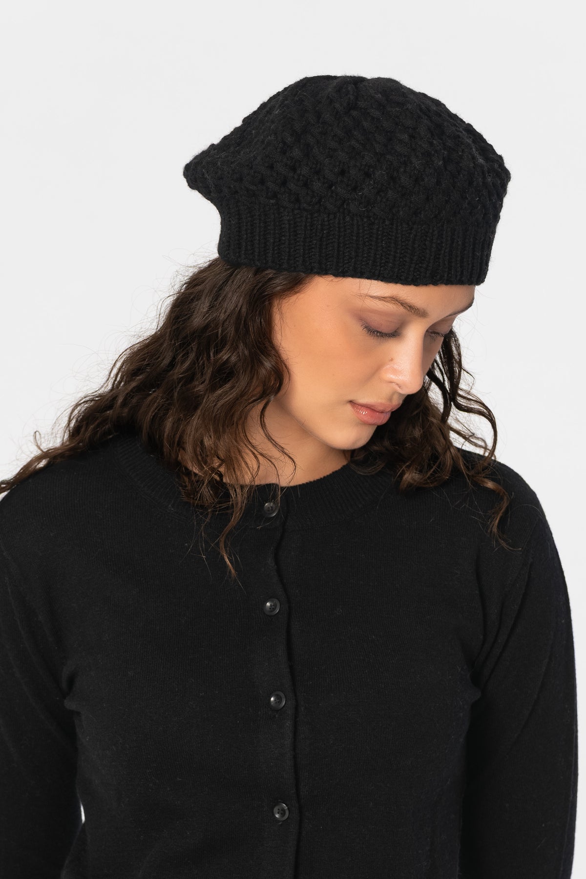 CASHMERE/MERINO Handknit Lace Beret - Black