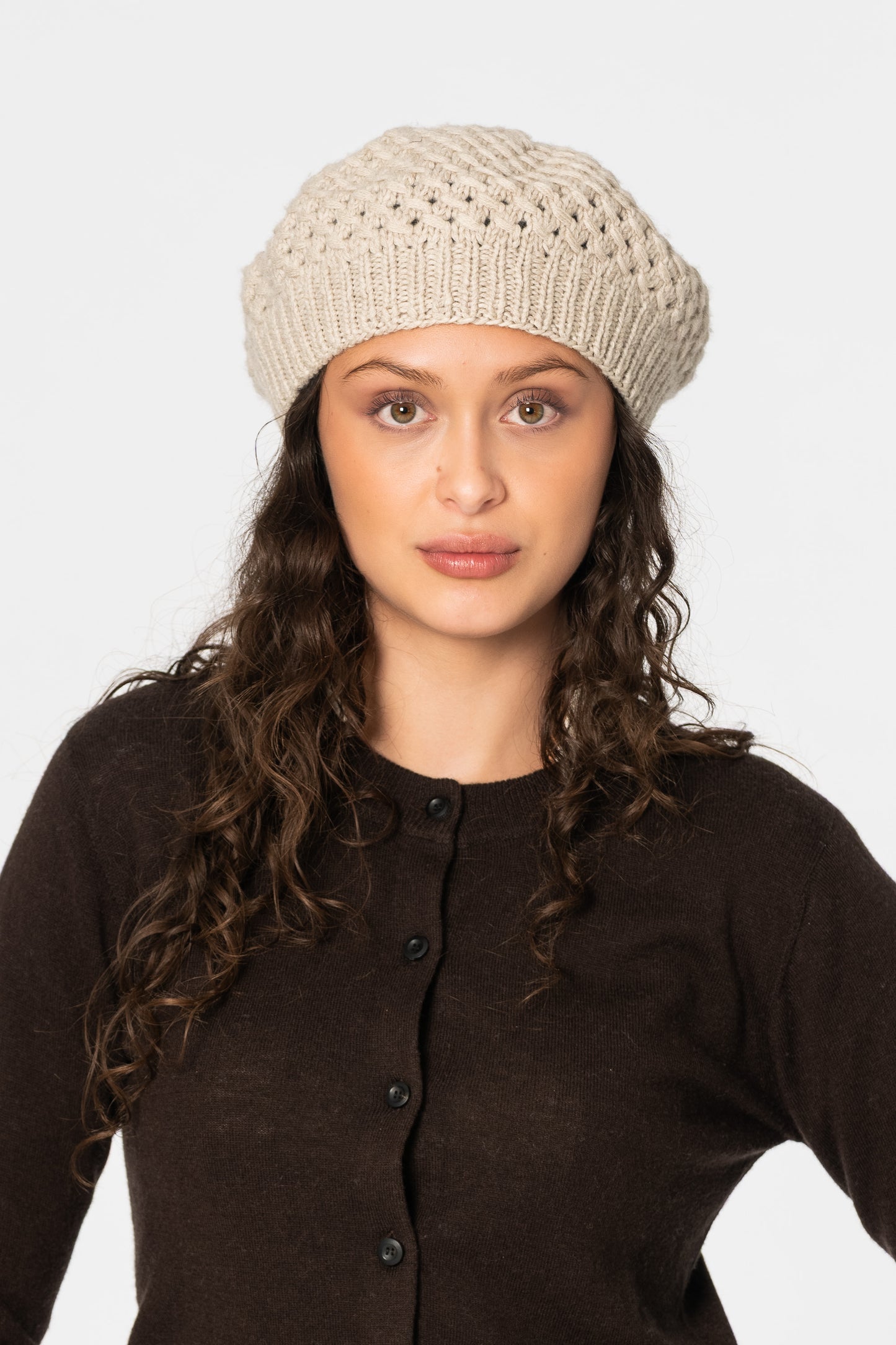 CASHMERE/MERINO Handknit Lace Beret - Linen White