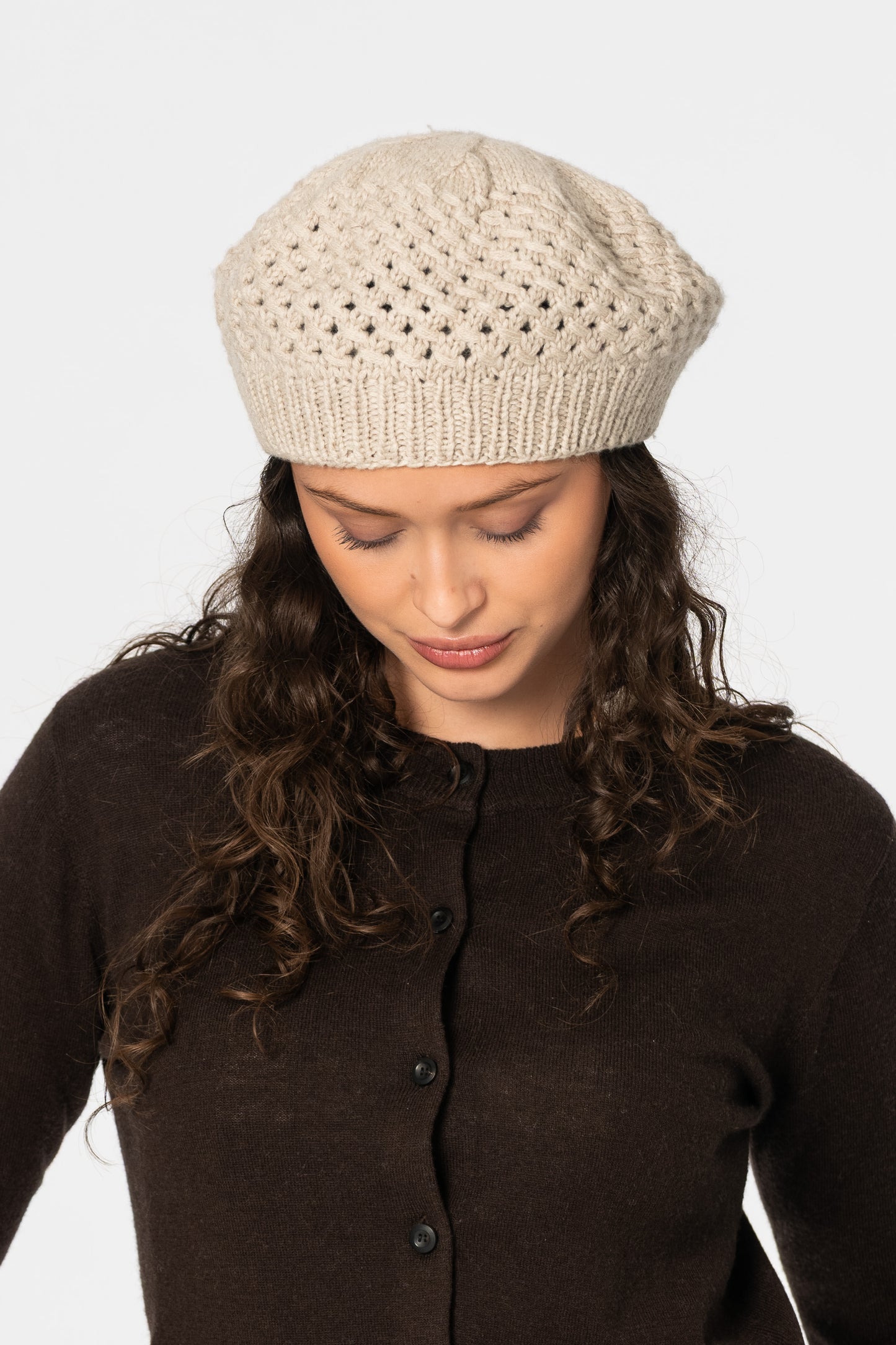 CASHMERE/MERINO Handknit Lace Beret - Linen White