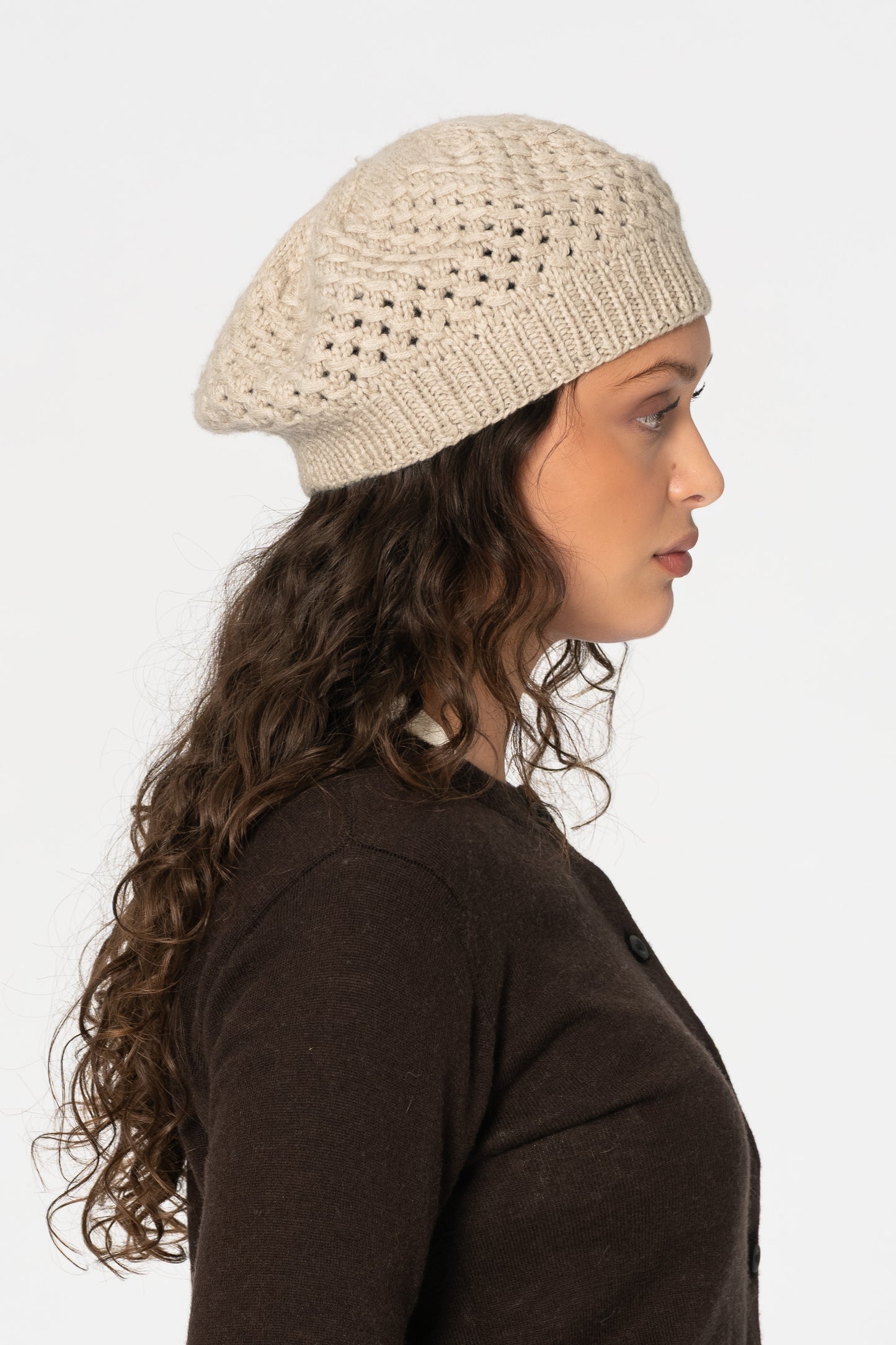 CASHMERE/MERINO Handknit Lace Beret - Linen White