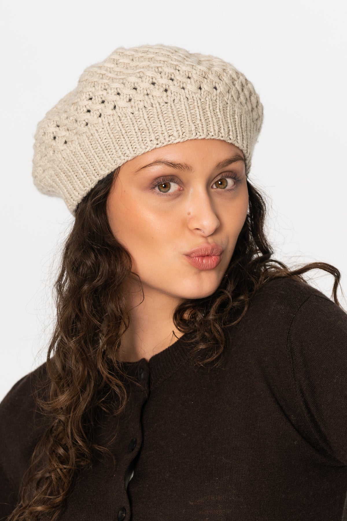 CASHMERE/MERINO Handknit Lace Beret - Linen White