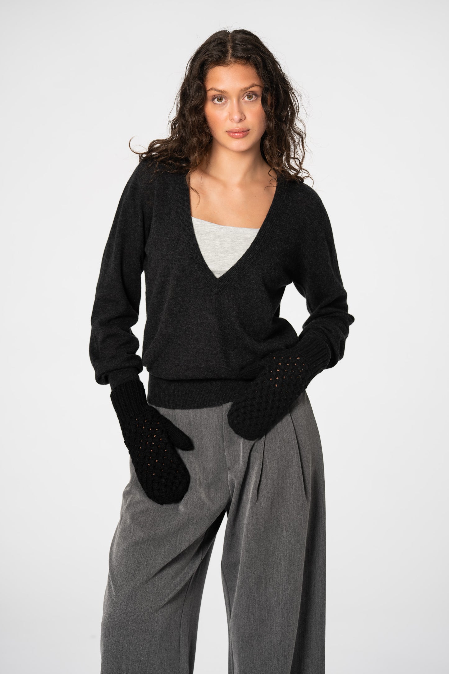 CASHMERE/MERINO Handknit Lace Mittens - Black
