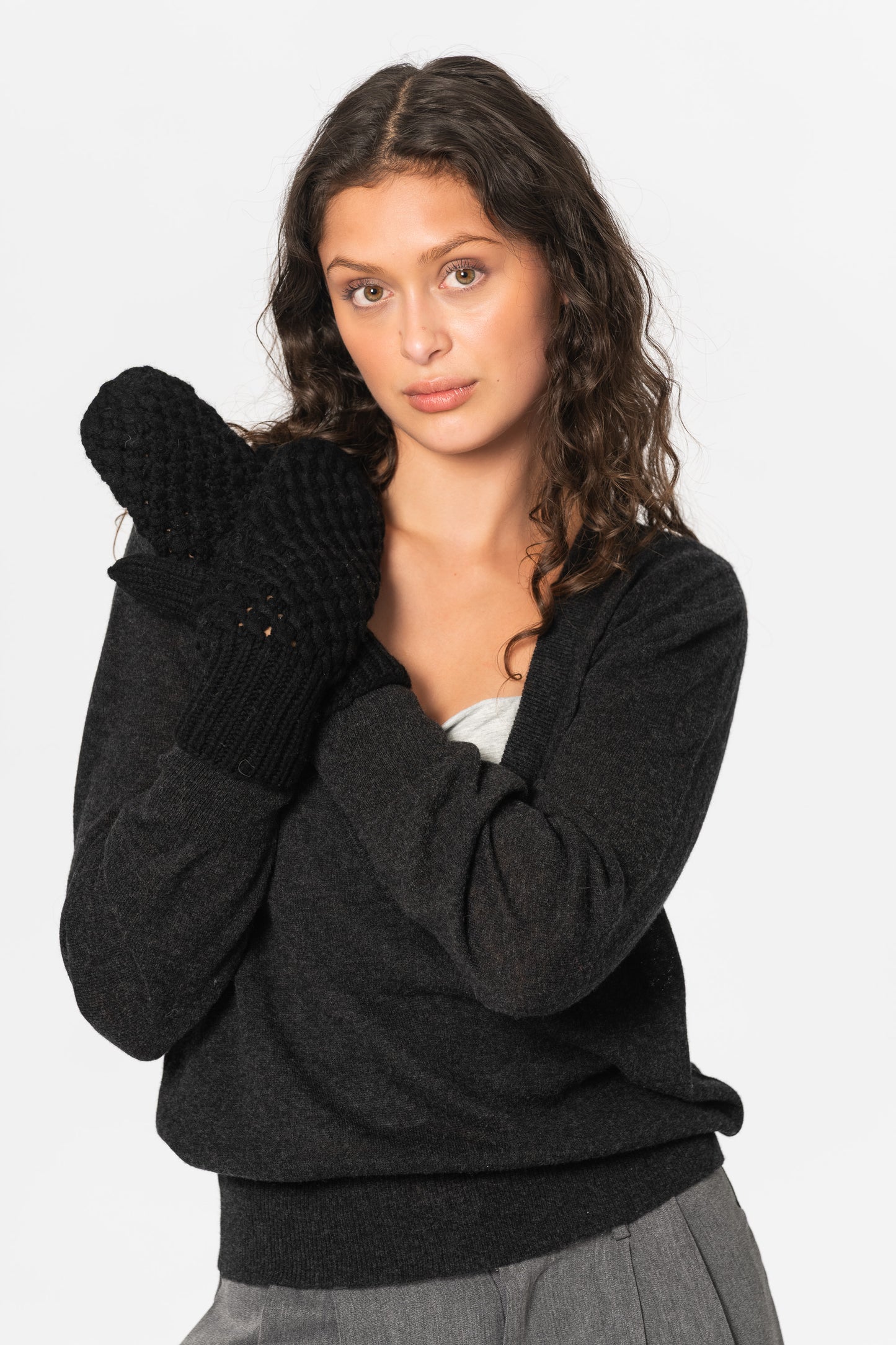 CASHMERE/MERINO Handknit Lace Mittens - Black
