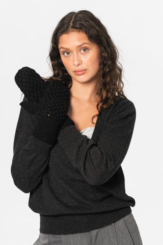 CASHMERE/MERINO Handknit Lace Mittens - Black