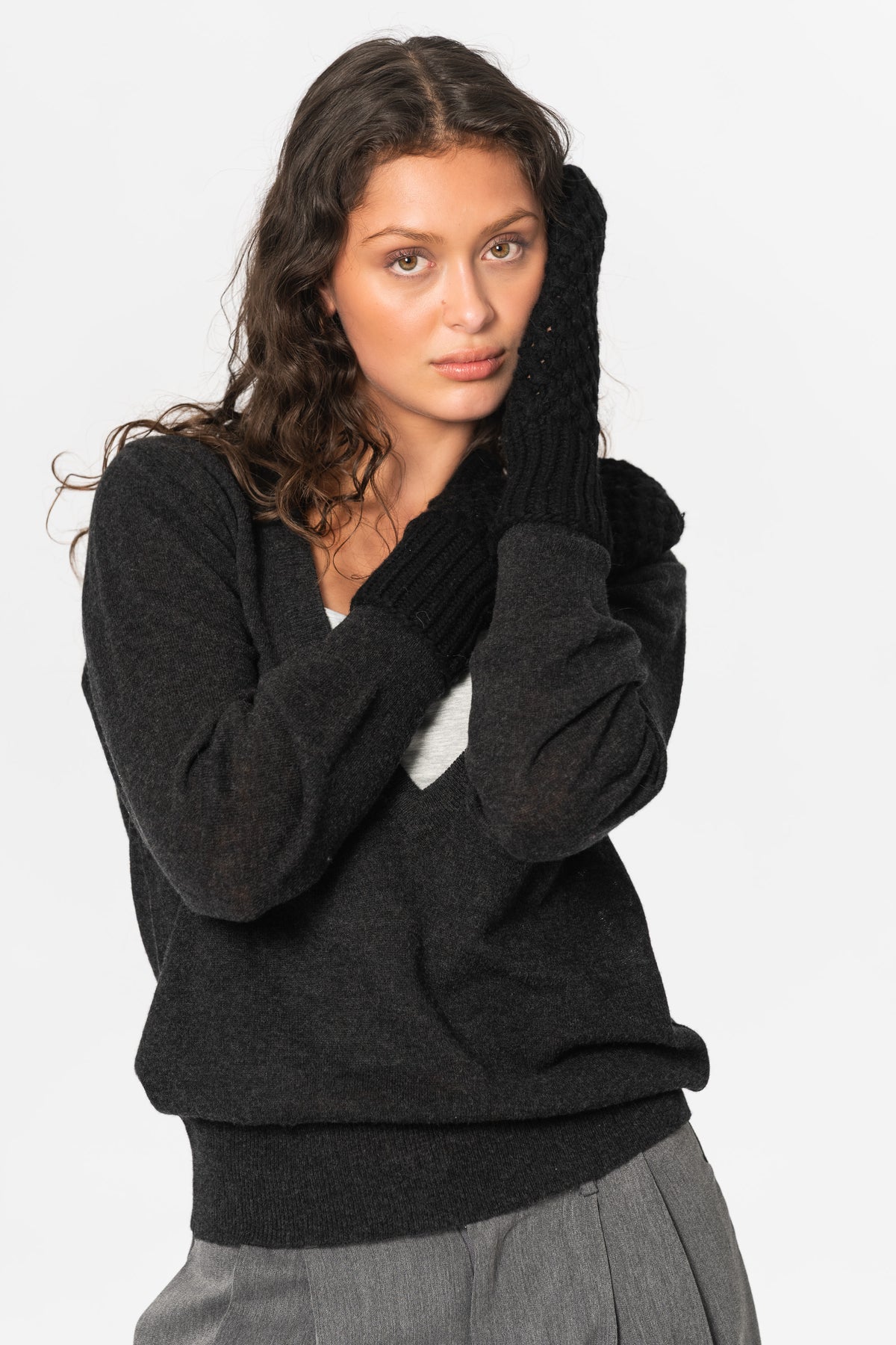 CASHMERE/MERINO Handknit Lace Mittens - Black