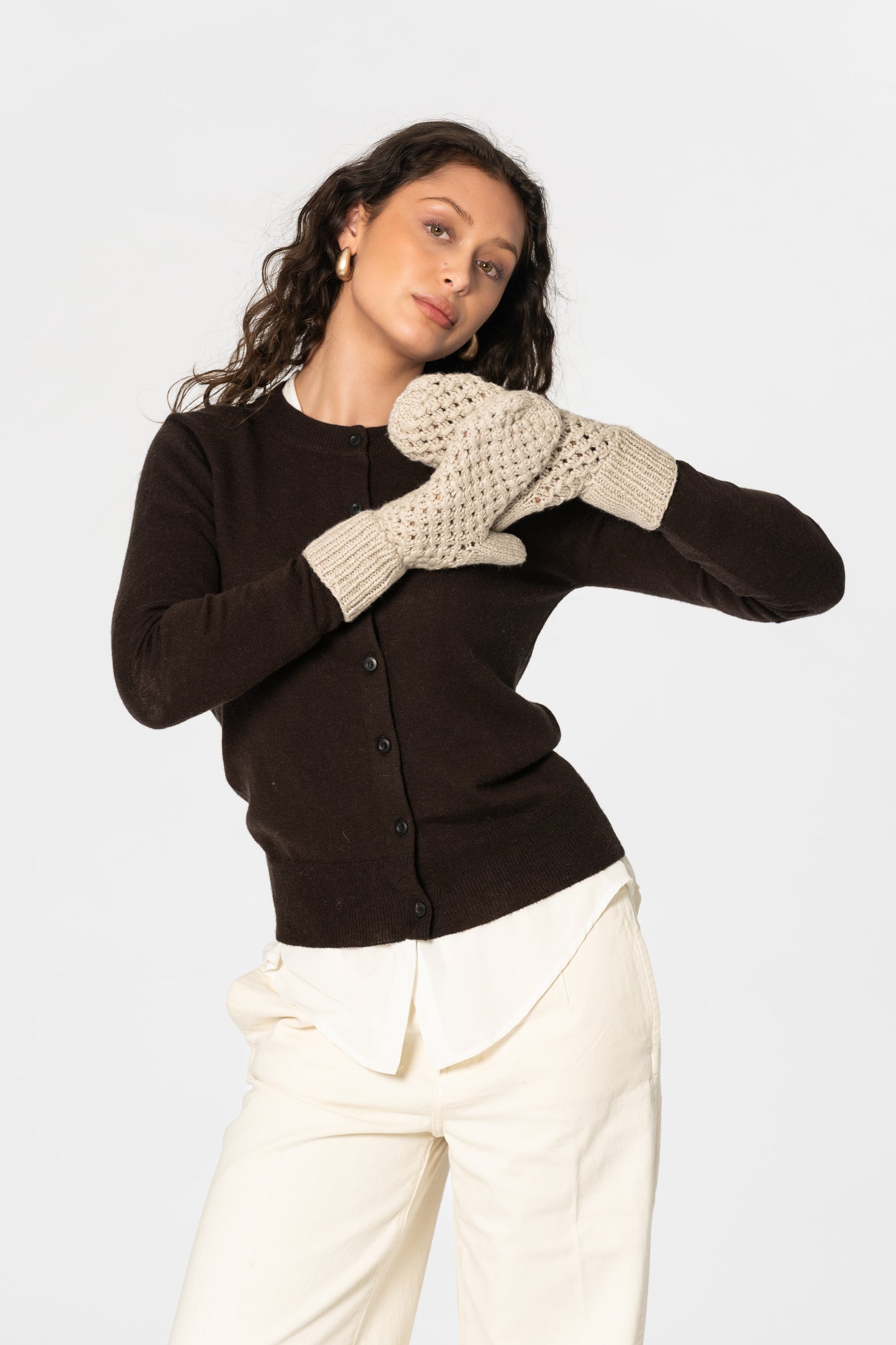 CASHMERE/MERINO Handknit Lace Mittens - Linen White
