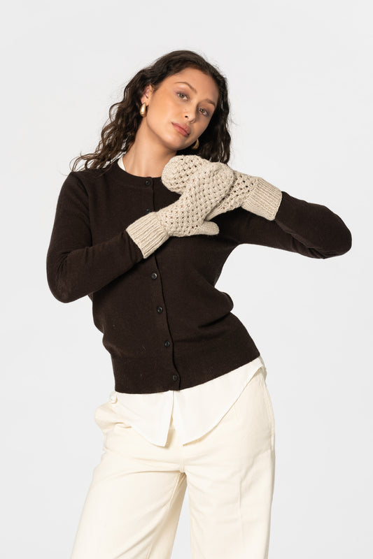 CASHMERE/MERINO Handknit Lace Mittens - Linen White