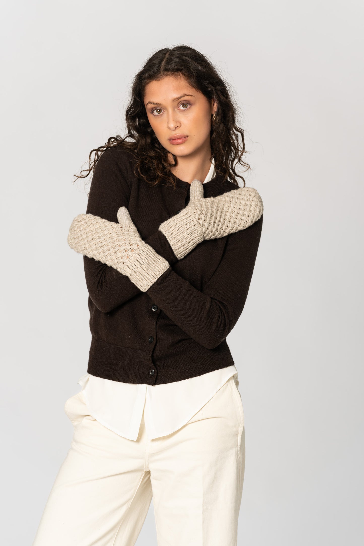 CASHMERE/MERINO Handknit Lace Mittens - Linen White