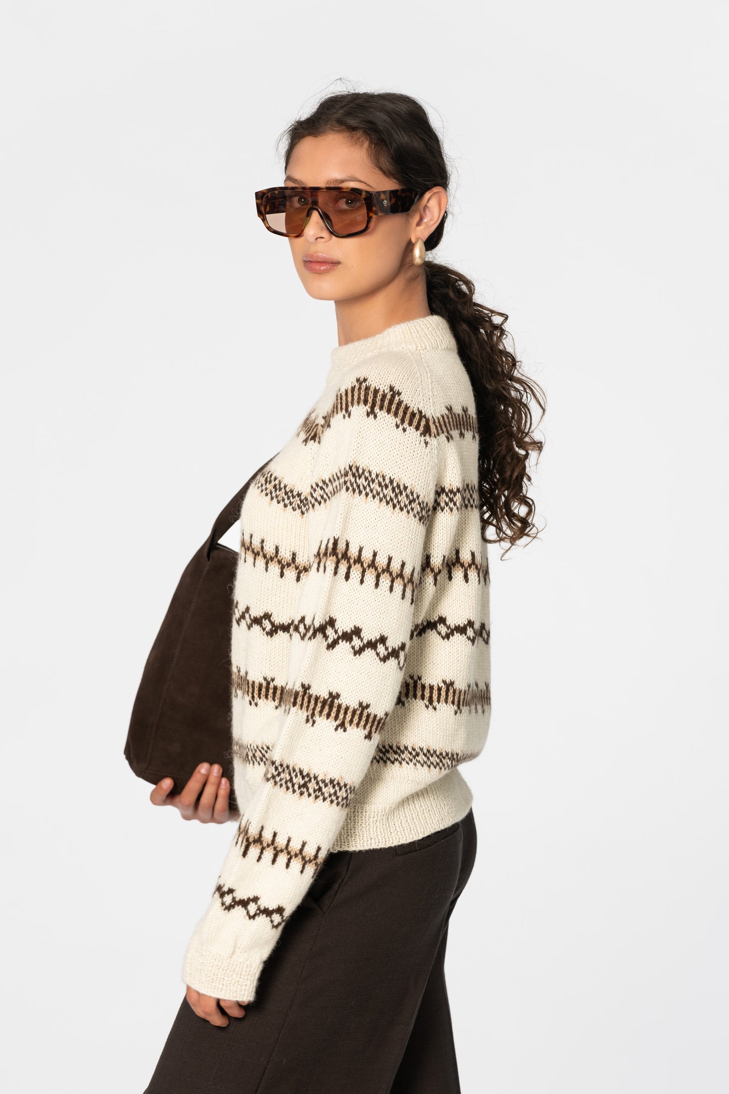 CASHMERE/MERINO Handknit Pattern Sweater - Linen White
