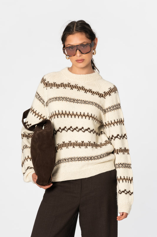 CASHMERE/MERINO Handknit Pattern Sweater - Linen White