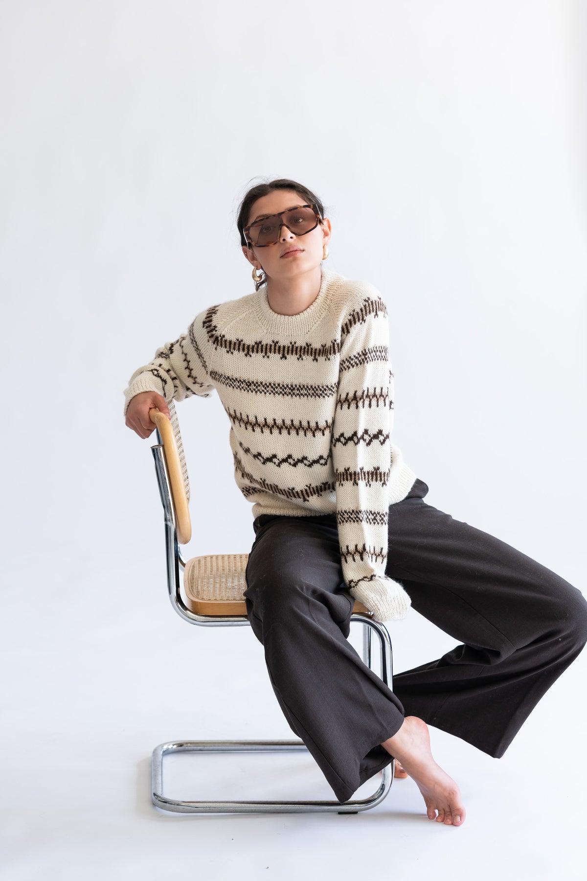 CASHMERE/MERINO Handknit Pattern Sweater - Linen White