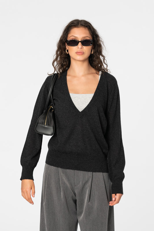 MERINO Deep V-Neck Sweater - Onyx Grey