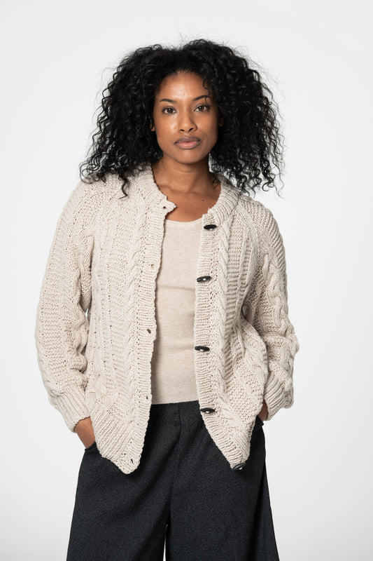 MERINO Handknit Cable Cardigan - Almond White
