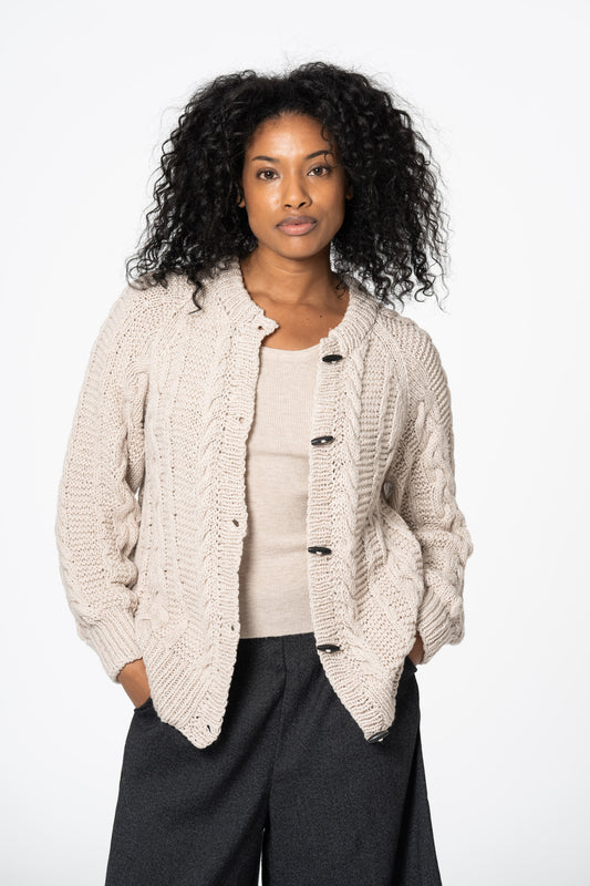 MERINO Handknit Cable Cardigan - Almond White