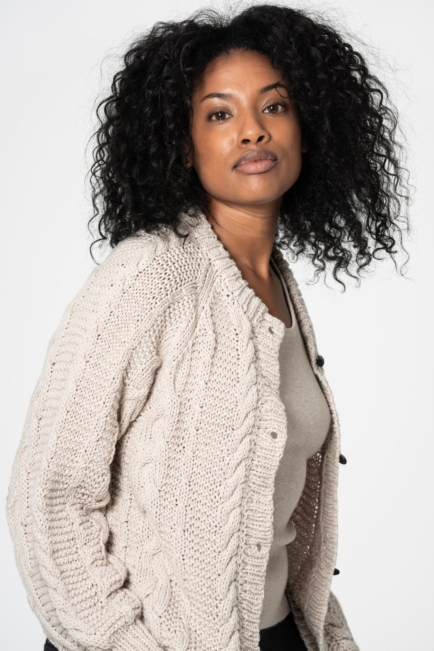 MERINO Handknit Cable Cardigan - Almond White