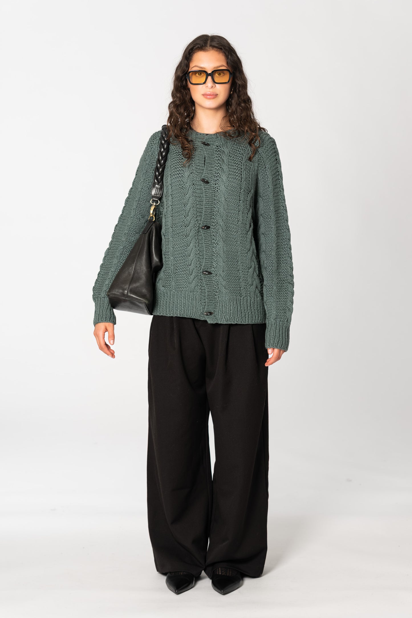 MERINO Handknit Cable Cardigan - Sage Green