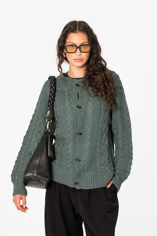 MERINO Handknit Cable Cardigan - Sage Green
