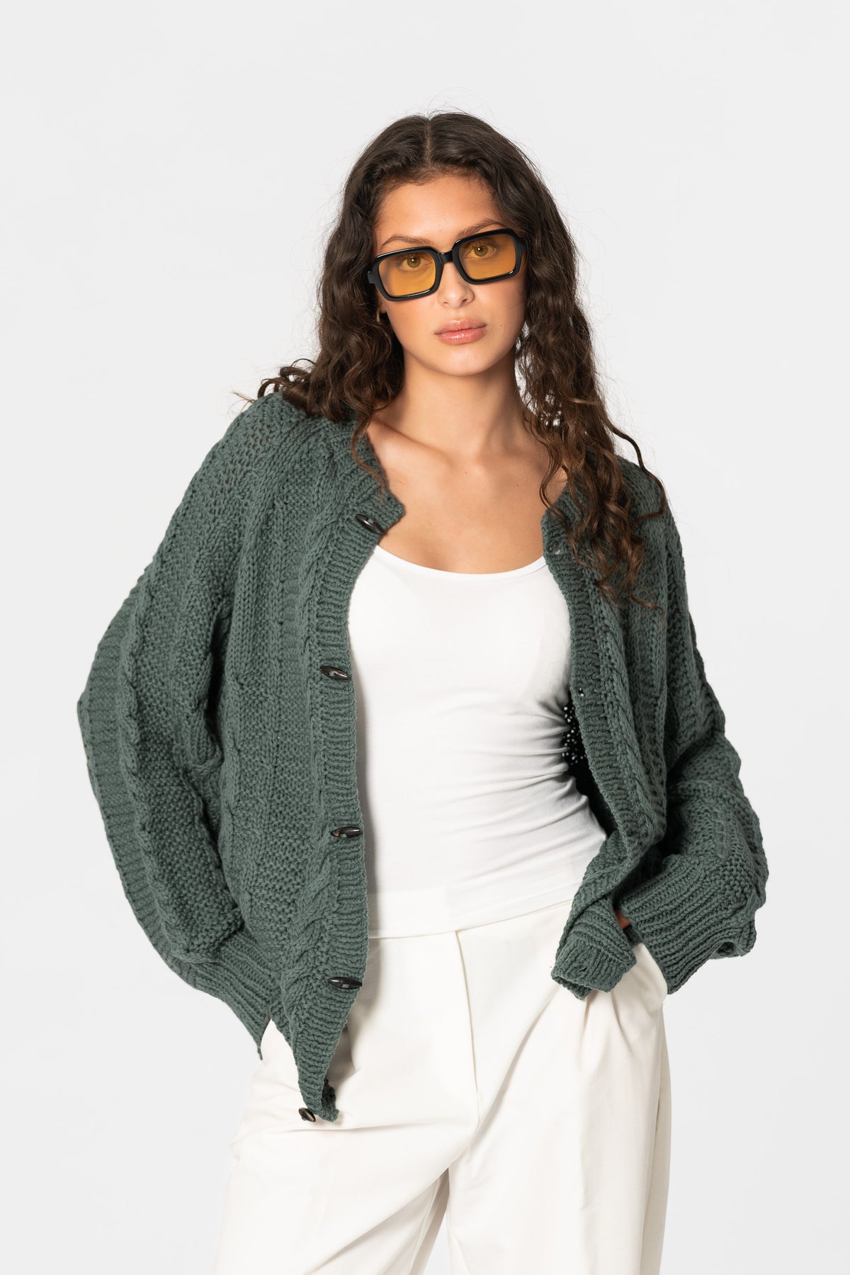 MERINO Handknit Cable Cardigan - Sage Green