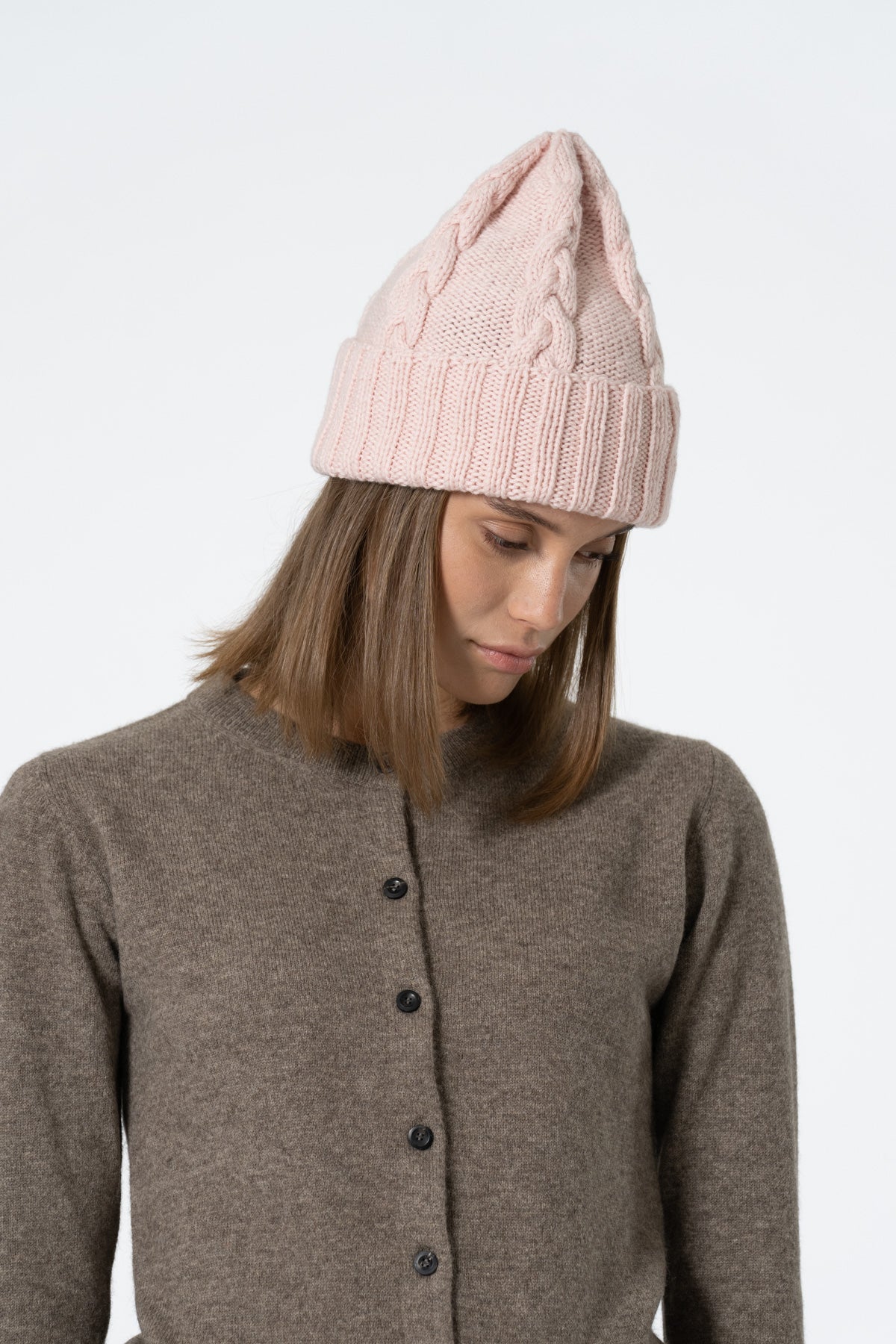 MERINO Handknit Cable Hat - Blush Pink