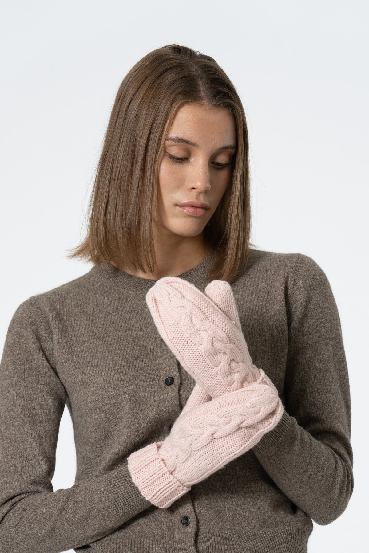 MERINO Handknit Cable Mittens - Blush Pink