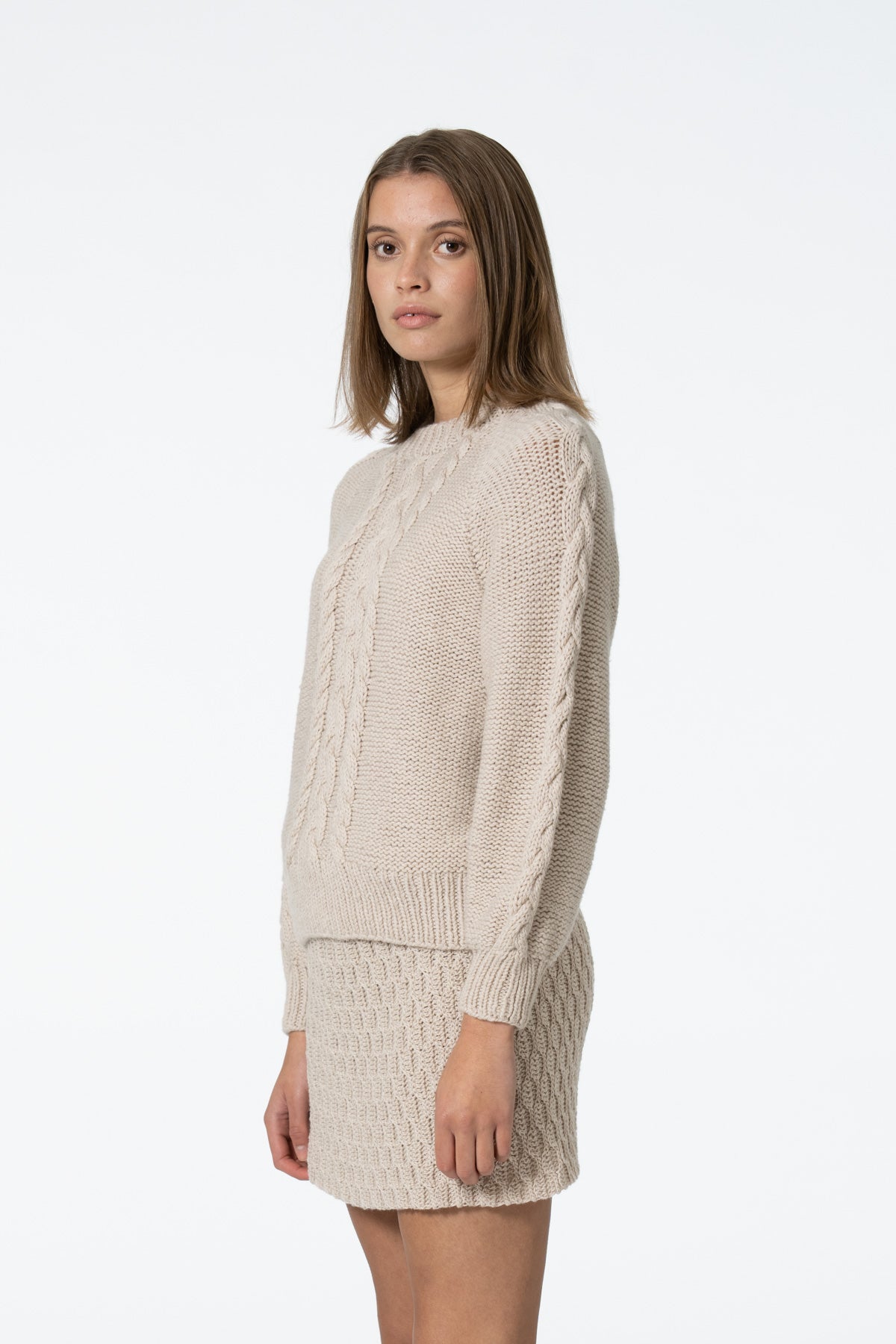 MERINO Handknit Cable Sweater - Almond White