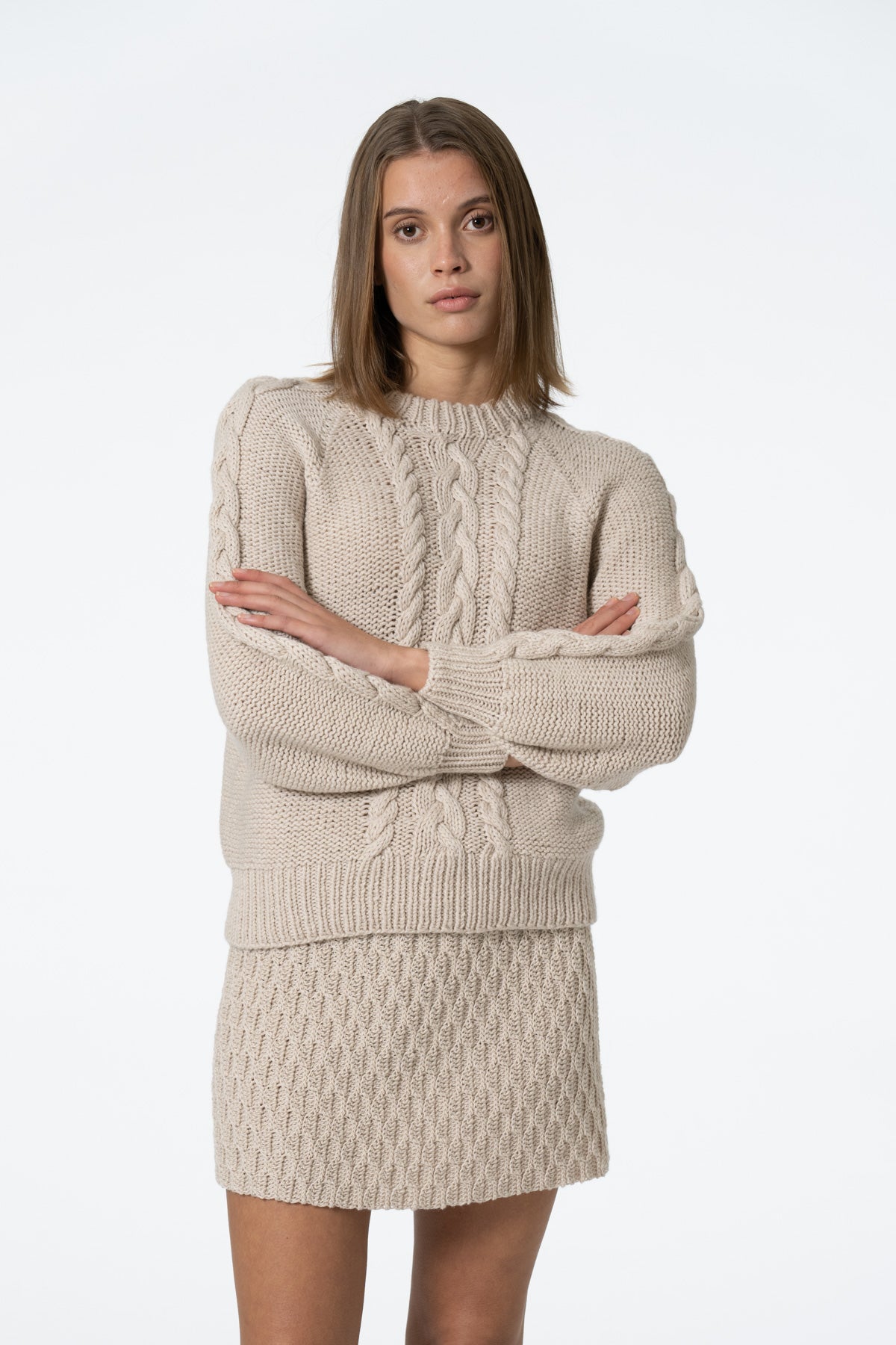 MERINO Handknit Cable Sweater - Almond White