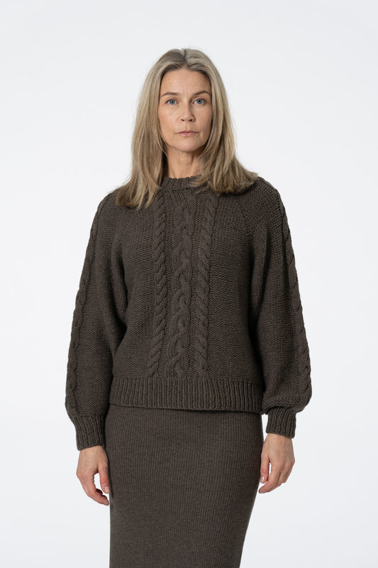 MERINO Handknit Cable Sweater - Mulch Brown