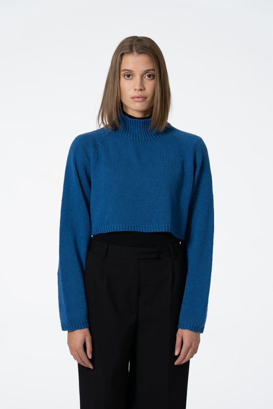 MERINO Handknit Cropped Sweater - Ocean Blue