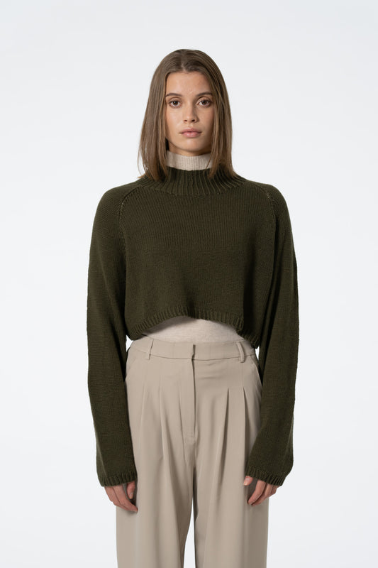 MERINO Handknit Cropped Sweater - Olive Green