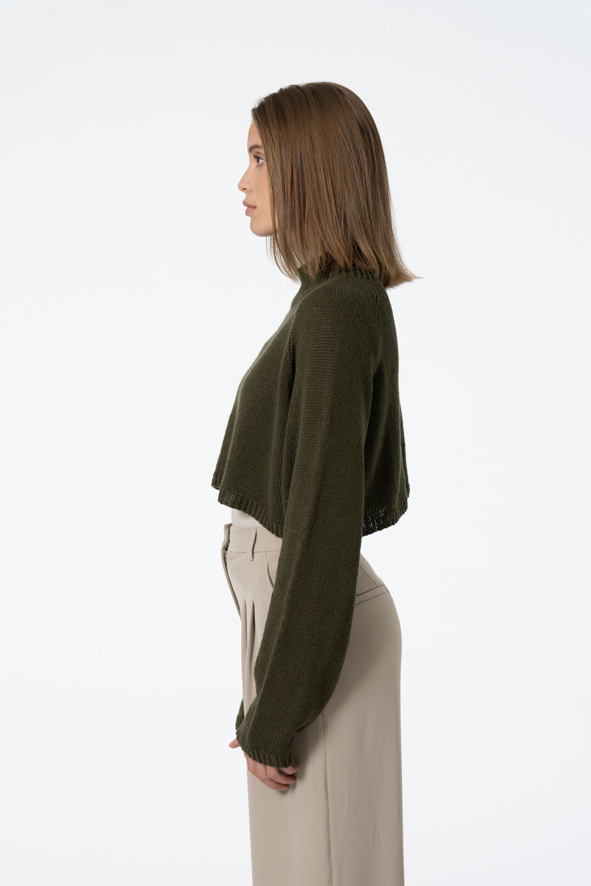 MERINO Handknit Cropped Sweater - Olive Green