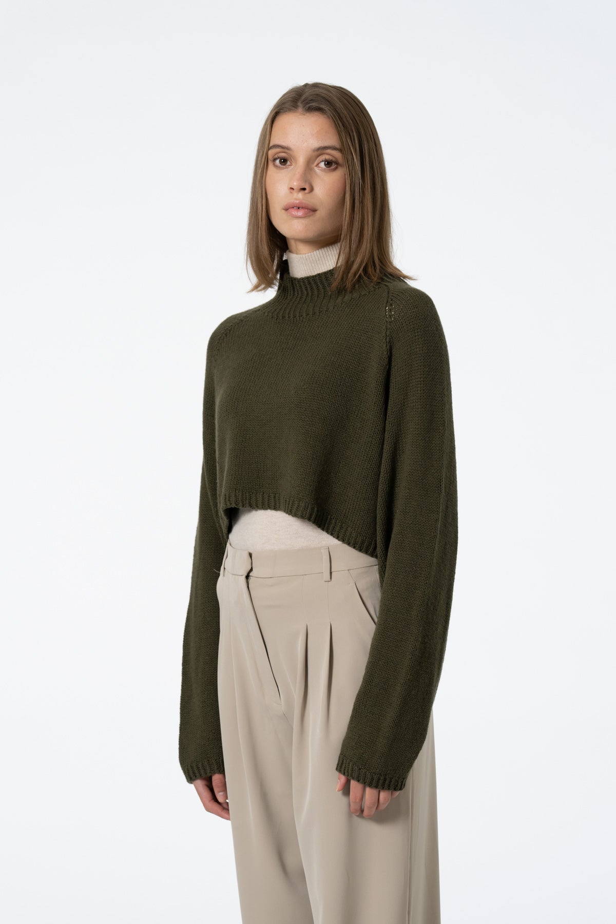 MERINO Handknit Cropped Sweater - Olive Green