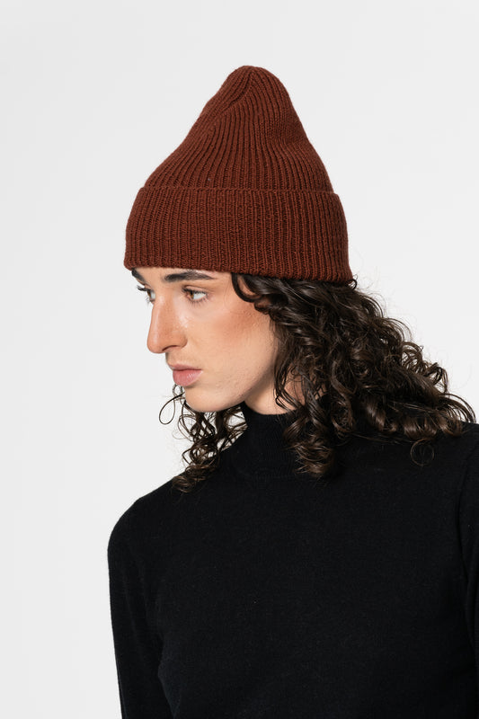 MERINO Handknit Rib Hat - Rust Red