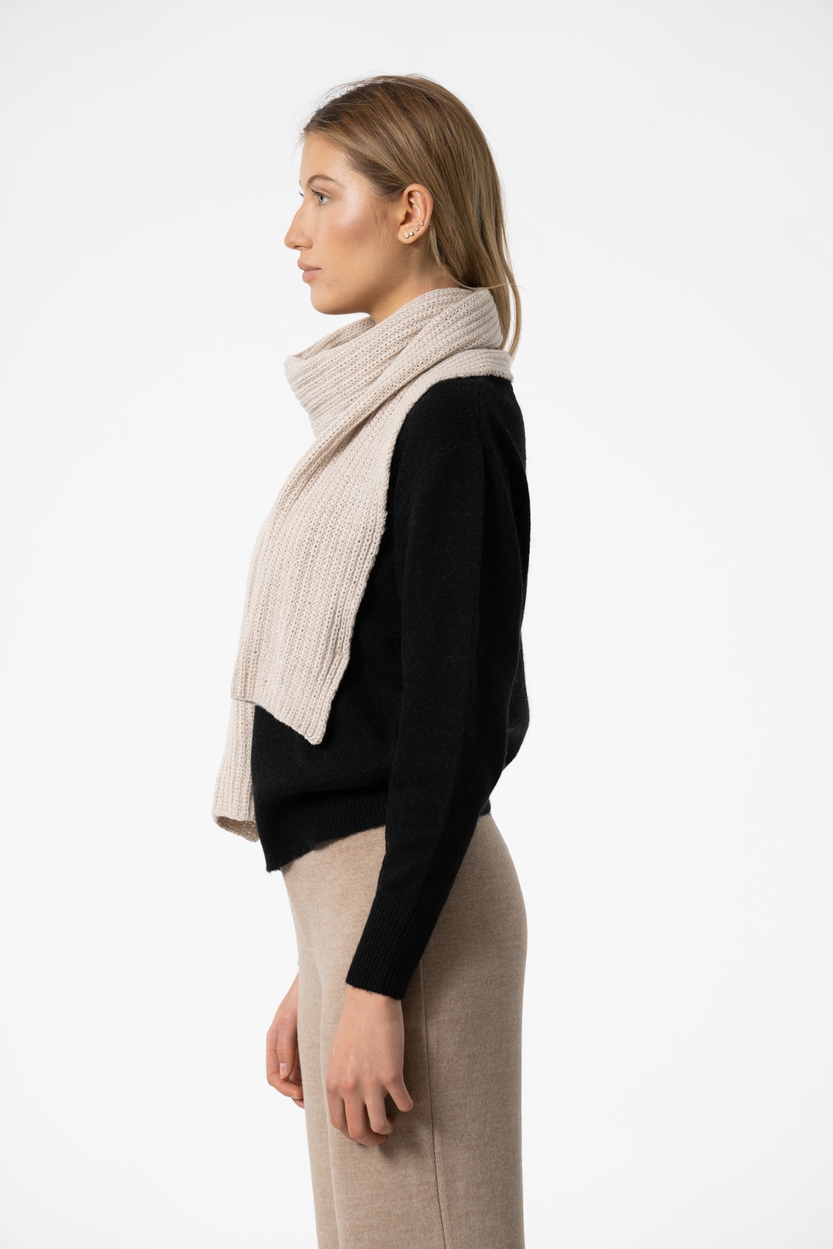 MERINO Handknit Rib Scarf - Almond White