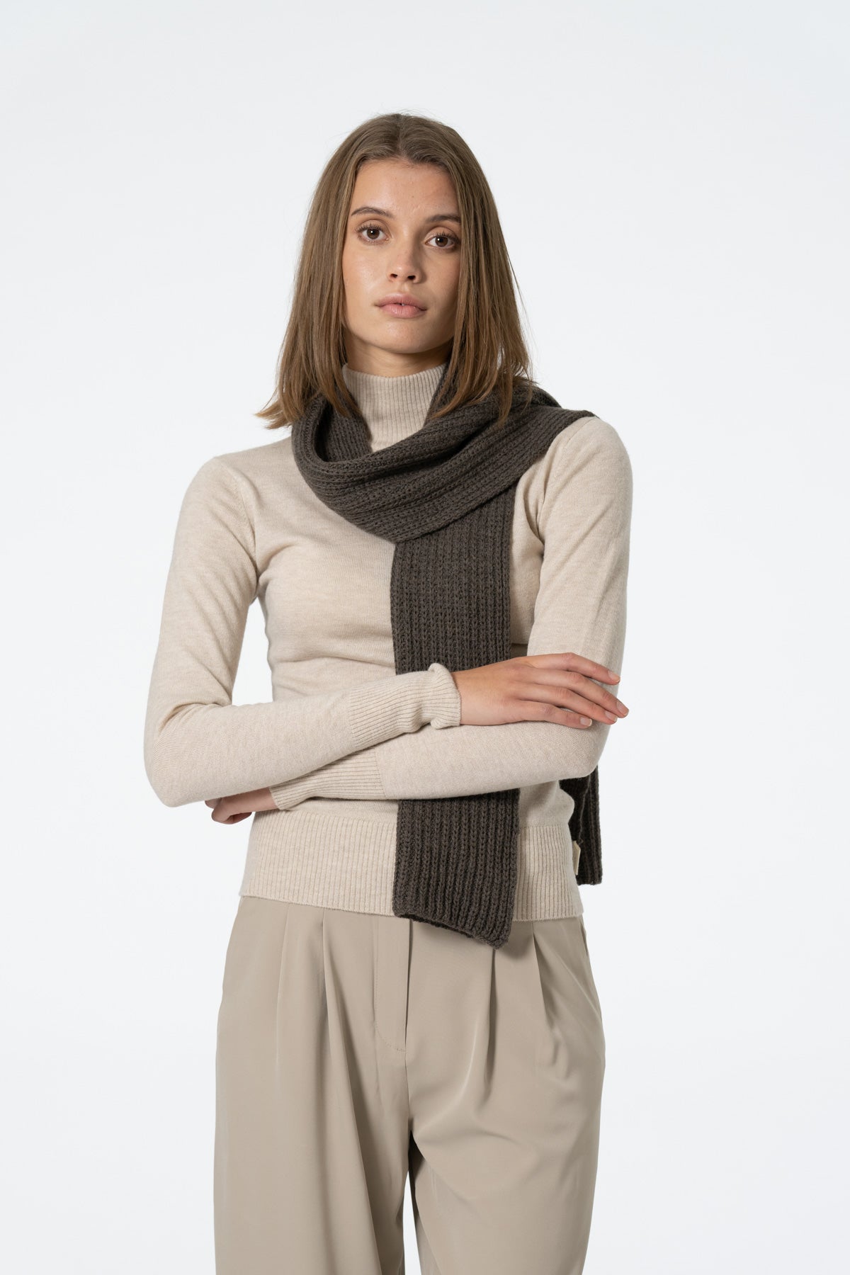 MERINO Handknit Rib Scarf - Mulch Brown