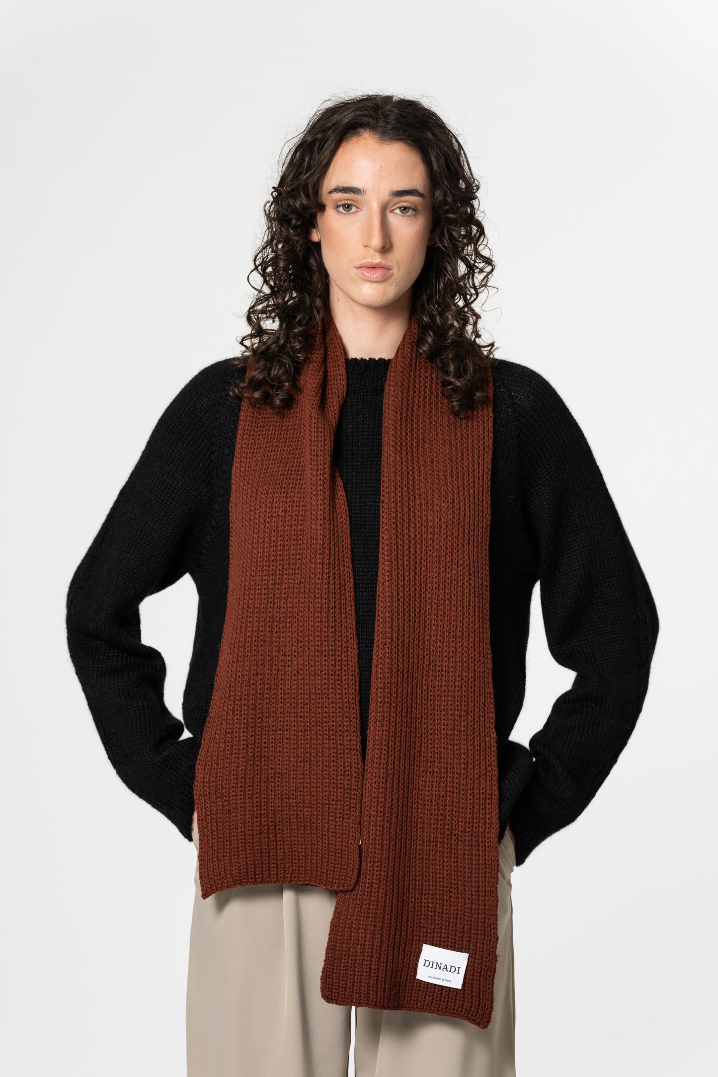 MERINO Handknit Rib Scarf - Rust Red