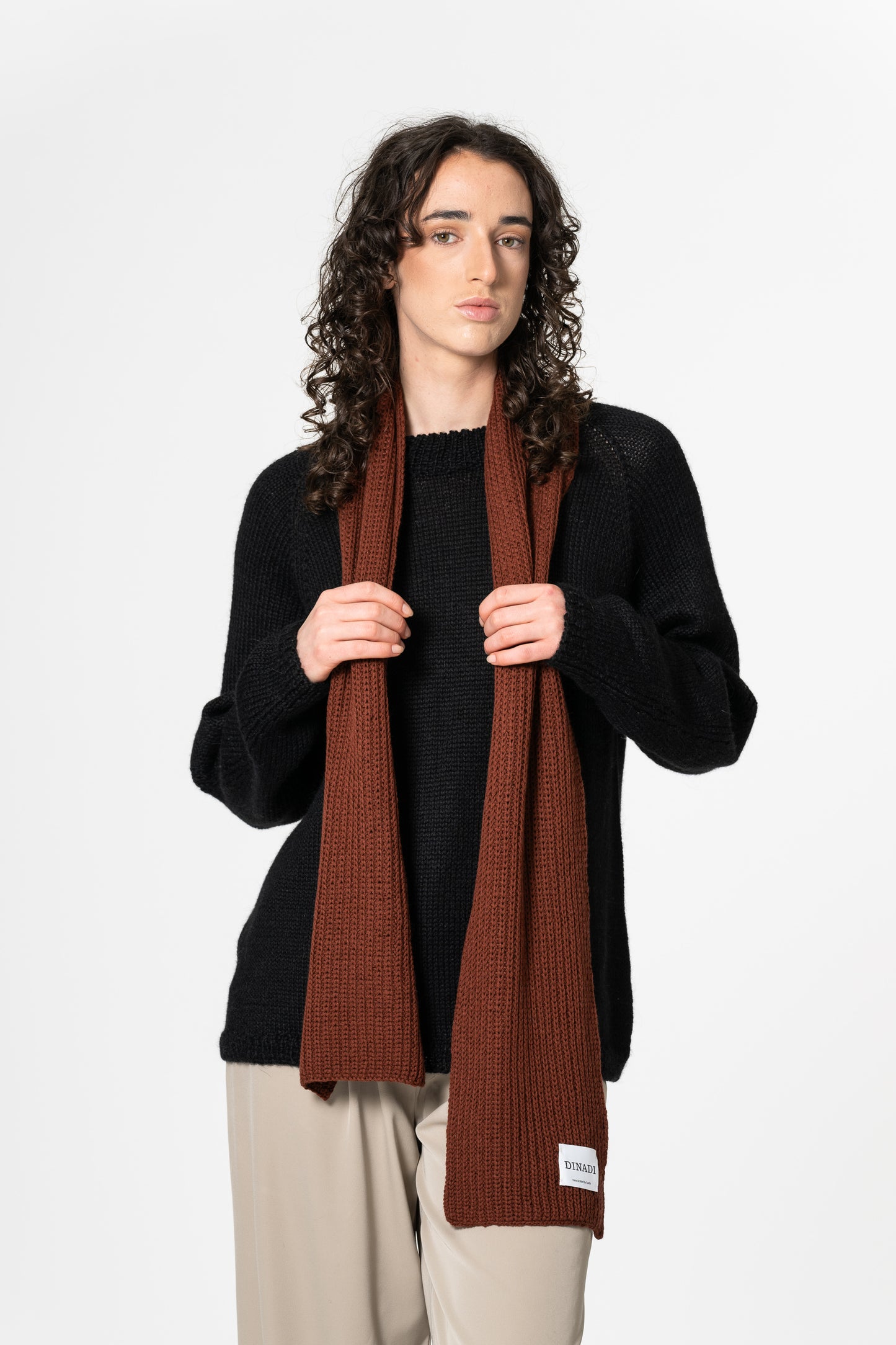 MERINO Handknit Rib Scarf - Rust Red