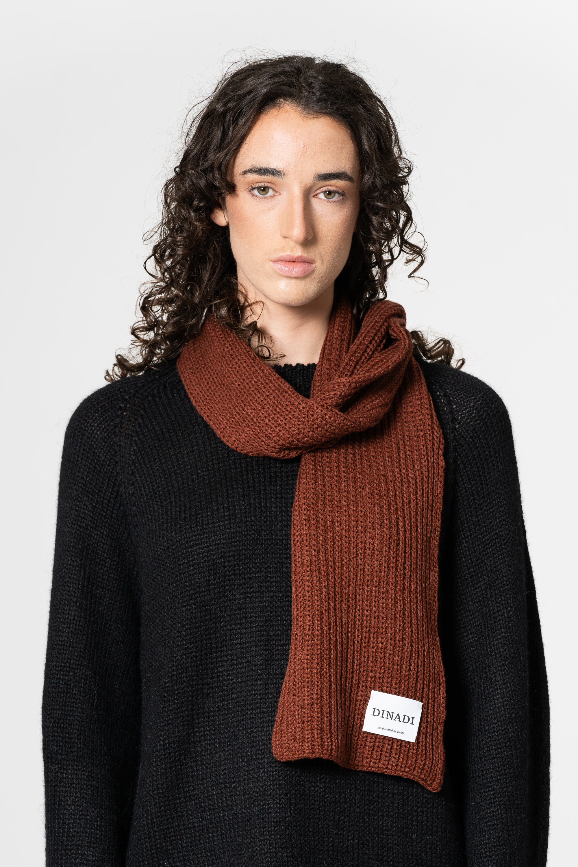 Handsome Long Hand popular Knit Textured Ribbed Scarf in timber brown and green