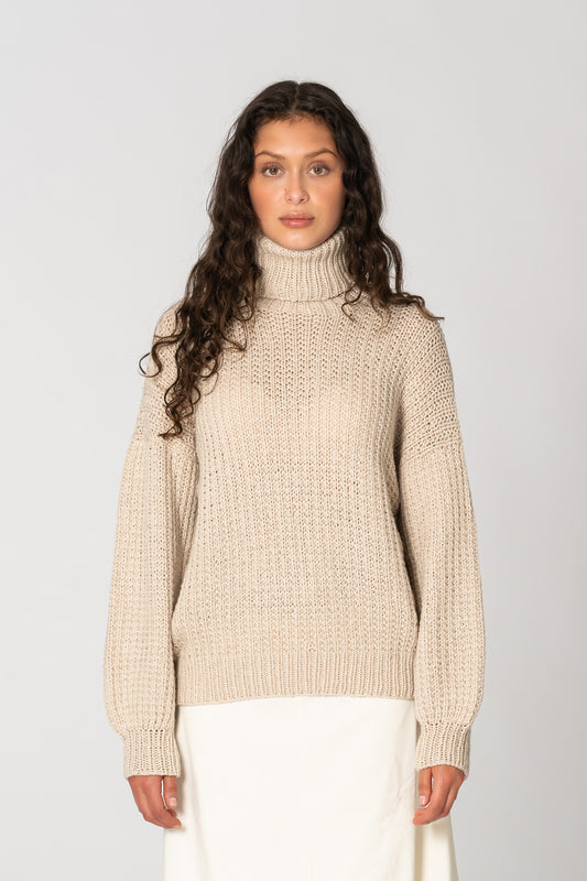 MERINO Handknit Rib Turtleneck - Almond White