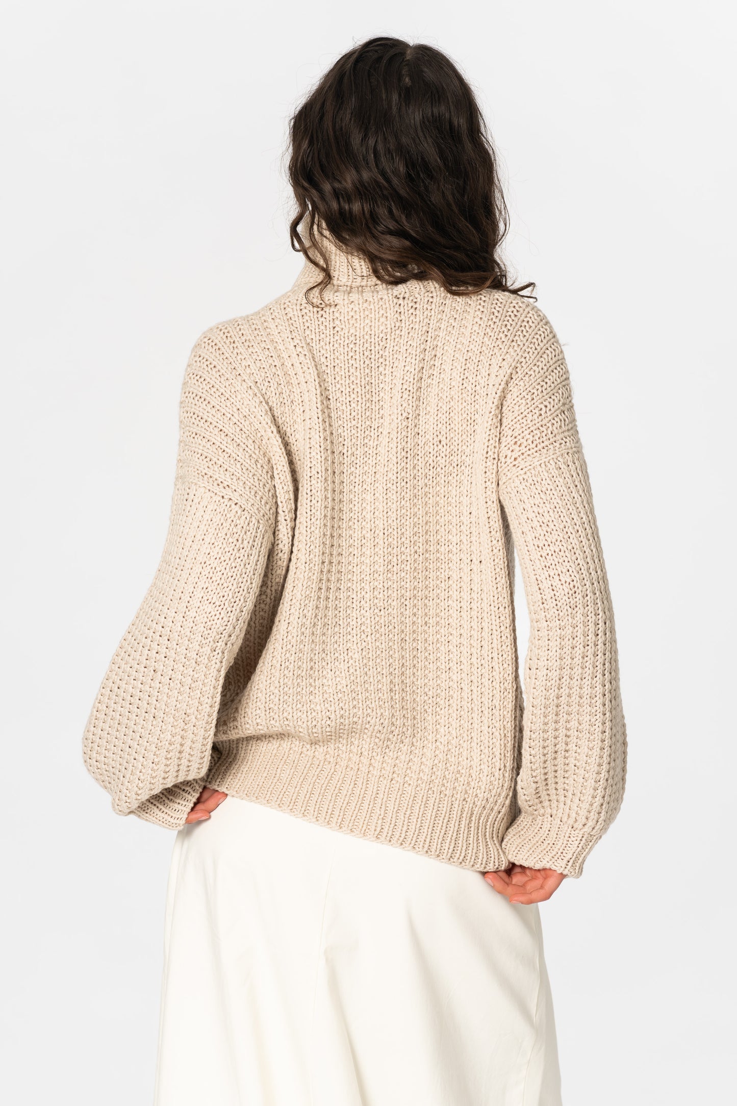 MERINO Handknit Rib Turtleneck - Almond White